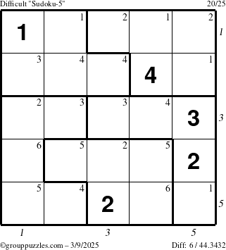 The grouppuzzles.com Difficult Sudoku-5 puzzle for Sunday March 9, 2025 with all 6 steps marked