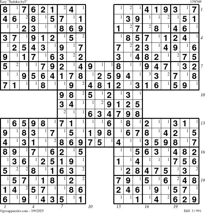 The grouppuzzles.com Easy Sudoku-by5 puzzle for Sunday March 9, 2025 with all 3 steps marked