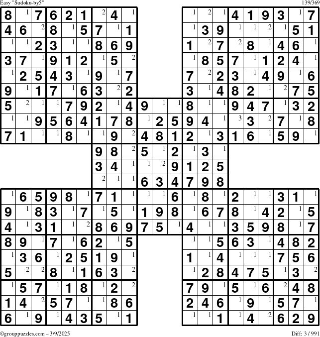 The grouppuzzles.com Easy Sudoku-by5 puzzle for Sunday March 9, 2025 with the first 3 steps marked