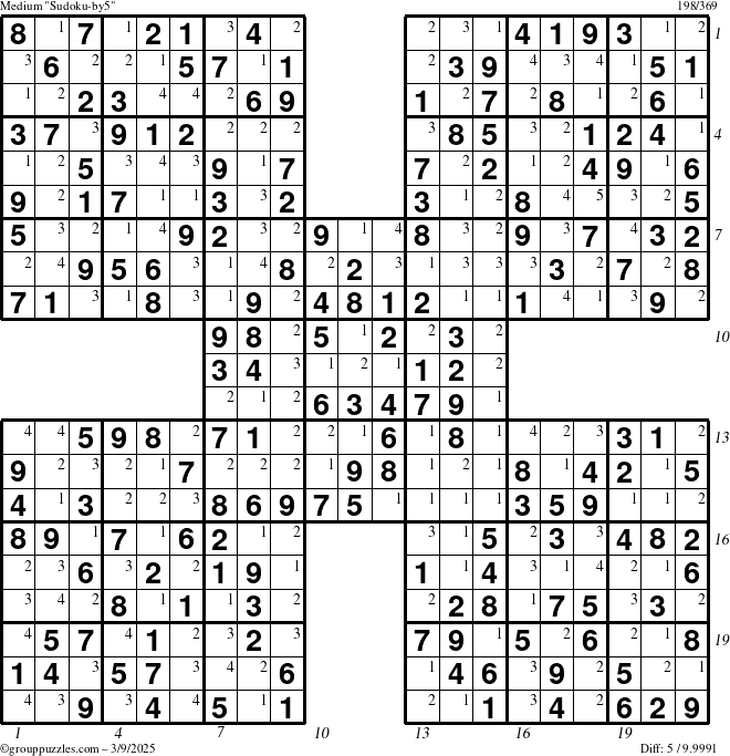 The grouppuzzles.com Medium Sudoku-by5 puzzle for Sunday March 9, 2025 with all 5 steps marked