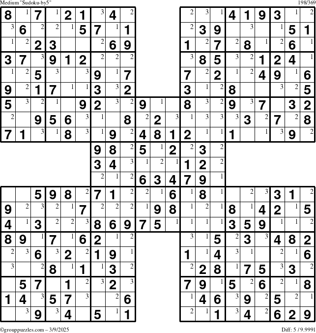 The grouppuzzles.com Medium Sudoku-by5 puzzle for Sunday March 9, 2025 with the first 3 steps marked