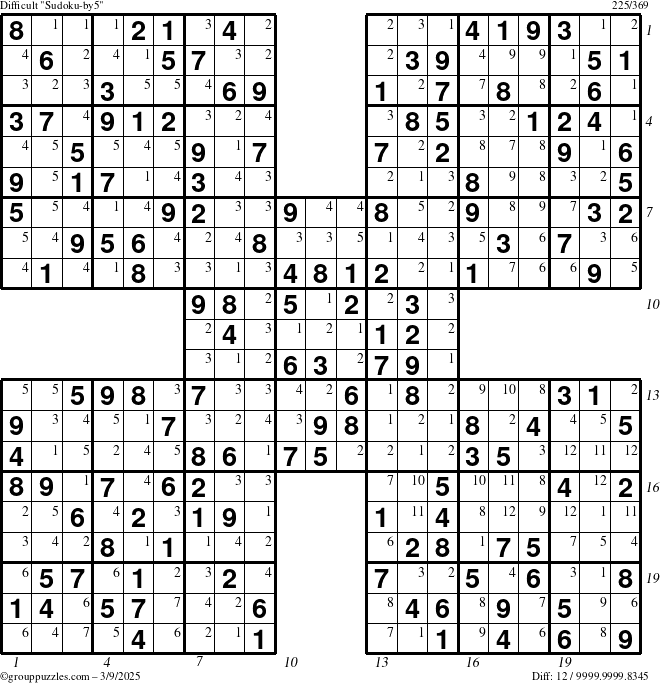 The grouppuzzles.com Difficult Sudoku-by5 puzzle for Sunday March 9, 2025 with all 12 steps marked