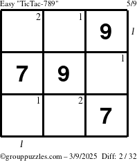 The grouppuzzles.com Easy TicTac-789 puzzle for Sunday March 9, 2025 with all 2 steps marked