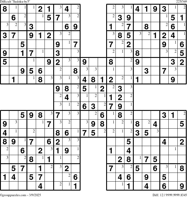 The grouppuzzles.com Difficult Sudoku-by5 puzzle for Sunday March 9, 2025 with the first 3 steps marked