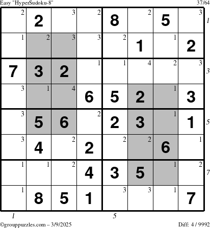 The grouppuzzles.com Easy HyperSudoku-8 puzzle for Sunday March 9, 2025, suitable for printing, with all 4 steps marked