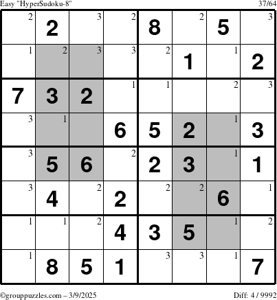 The grouppuzzles.com Easy HyperSudoku-8 puzzle for Sunday March 9, 2025 with the first 3 steps marked