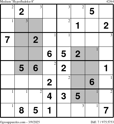 The grouppuzzles.com Medium HyperSudoku-8 puzzle for Sunday March 9, 2025 with the first 3 steps marked