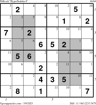 The grouppuzzles.com Difficult HyperSudoku-8 puzzle for Sunday March 9, 2025 with all 11 steps marked