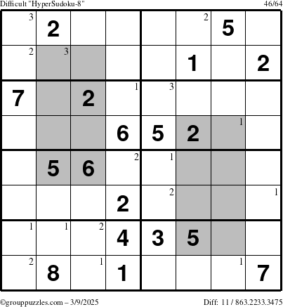 The grouppuzzles.com Difficult HyperSudoku-8 puzzle for Sunday March 9, 2025 with the first 3 steps marked