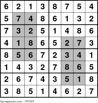 The grouppuzzles.com Answer grid for the HyperSudoku-8 puzzle for Sunday March 9, 2025