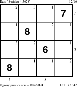 The grouppuzzles.com Easy Sudoku-4-5678 puzzle for Friday October 4, 2024, suitable for printing, with all 3 steps marked