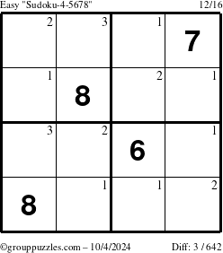 The grouppuzzles.com Easy Sudoku-4-5678 puzzle for Friday October 4, 2024 with the first 3 steps marked