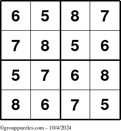 The grouppuzzles.com Answer grid for the Sudoku-4-5678 puzzle for Friday October 4, 2024