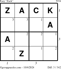 The grouppuzzles.com Easy Zack puzzle for Friday October 4, 2024 with all 3 steps marked