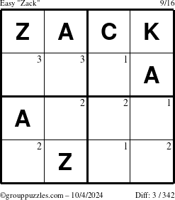 The grouppuzzles.com Easy Zack puzzle for Friday October 4, 2024 with the first 3 steps marked