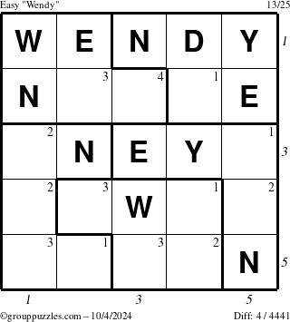 The grouppuzzles.com Easy Wendy puzzle for Friday October 4, 2024 with all 4 steps marked