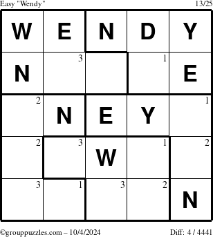 The grouppuzzles.com Easy Wendy puzzle for Friday October 4, 2024 with the first 3 steps marked