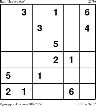 The grouppuzzles.com Easy Sudoku-6up puzzle for Friday October 4, 2024