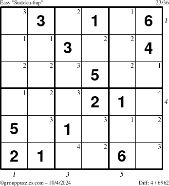 The grouppuzzles.com Easy Sudoku-6up puzzle for Friday October 4, 2024 with all 4 steps marked