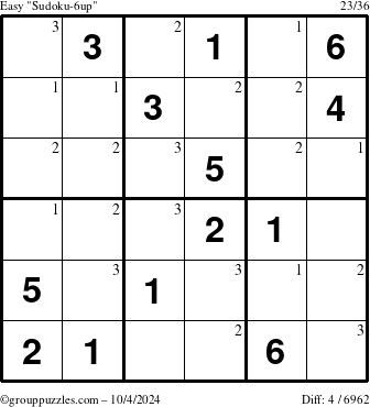 The grouppuzzles.com Easy Sudoku-6up puzzle for Friday October 4, 2024 with the first 3 steps marked