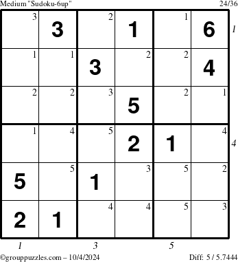 The grouppuzzles.com Medium Sudoku-6up puzzle for Friday October 4, 2024 with all 5 steps marked