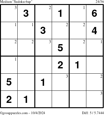 The grouppuzzles.com Medium Sudoku-6up puzzle for Friday October 4, 2024 with the first 3 steps marked