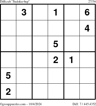 The grouppuzzles.com Difficult Sudoku-6up puzzle for Friday October 4, 2024