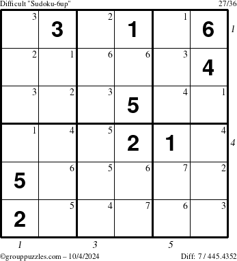 The grouppuzzles.com Difficult Sudoku-6up puzzle for Friday October 4, 2024 with all 7 steps marked