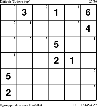 The grouppuzzles.com Difficult Sudoku-6up puzzle for Friday October 4, 2024 with the first 3 steps marked