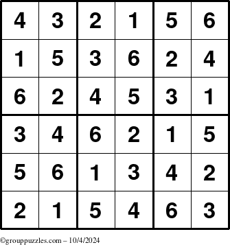 The grouppuzzles.com Answer grid for the Sudoku-6up puzzle for Friday October 4, 2024