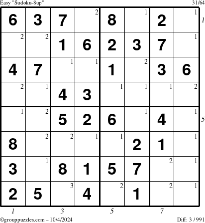 The grouppuzzles.com Easy Sudoku-8up puzzle for Friday October 4, 2024 with all 3 steps marked