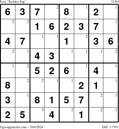 The grouppuzzles.com Easy Sudoku-8up puzzle for Friday October 4, 2024 with the first 3 steps marked