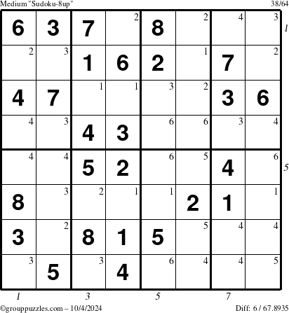 The grouppuzzles.com Medium Sudoku-8up puzzle for Friday October 4, 2024, suitable for printing, with all 6 steps marked