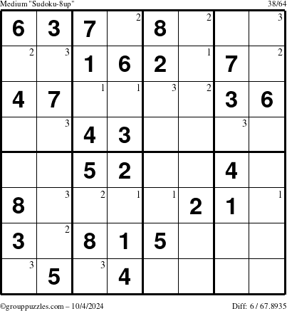 The grouppuzzles.com Medium Sudoku-8up puzzle for Friday October 4, 2024 with the first 3 steps marked