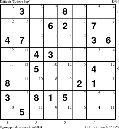 The grouppuzzles.com Difficult Sudoku-8up puzzle for Friday October 4, 2024 with all 12 steps marked