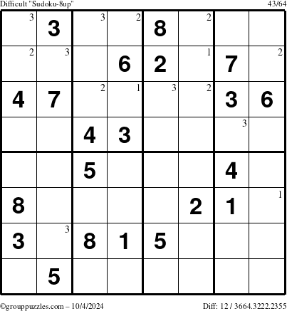 The grouppuzzles.com Difficult Sudoku-8up puzzle for Friday October 4, 2024 with the first 3 steps marked