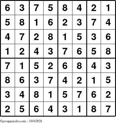 The grouppuzzles.com Answer grid for the Sudoku-8up puzzle for Friday October 4, 2024