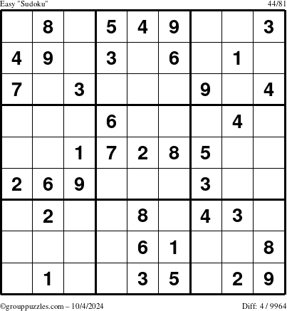 The grouppuzzles.com Easy Sudoku puzzle for Friday October 4, 2024