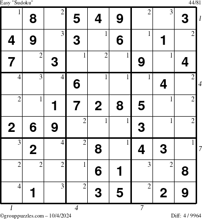 The grouppuzzles.com Easy Sudoku puzzle for Friday October 4, 2024, suitable for printing, with all 4 steps marked