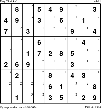 The grouppuzzles.com Easy Sudoku puzzle for Friday October 4, 2024 with the first 3 steps marked