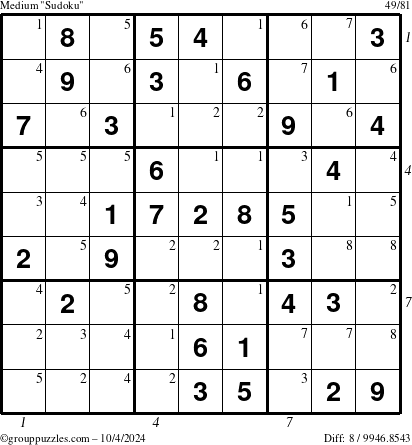 The grouppuzzles.com Medium Sudoku puzzle for Friday October 4, 2024 with all 8 steps marked