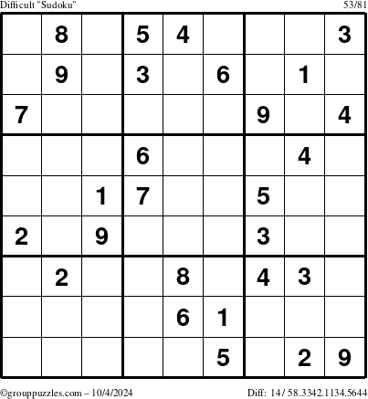 The grouppuzzles.com Difficult Sudoku puzzle for Friday October 4, 2024