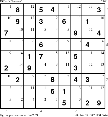 The grouppuzzles.com Difficult Sudoku puzzle for Friday October 4, 2024, suitable for printing, with all 14 steps marked