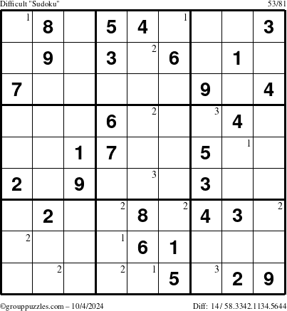 The grouppuzzles.com Difficult Sudoku puzzle for Friday October 4, 2024 with the first 3 steps marked