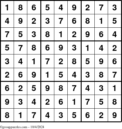 The grouppuzzles.com Answer grid for the Sudoku puzzle for Friday October 4, 2024