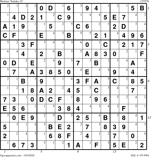 The grouppuzzles.com Medium Sudoku-16 puzzle for Friday October 4, 2024, suitable for printing, with all 6 steps marked