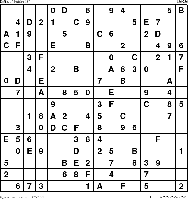 The grouppuzzles.com Difficult Sudoku-16 puzzle for Friday October 4, 2024