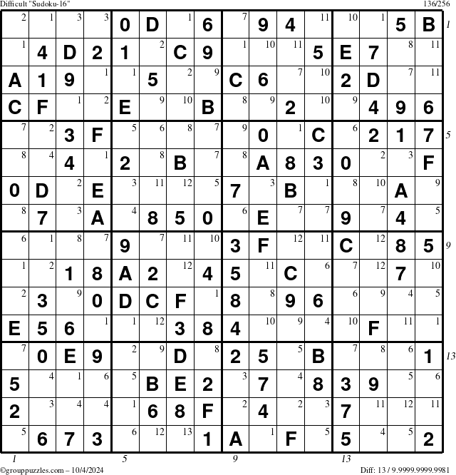 The grouppuzzles.com Difficult Sudoku-16 puzzle for Friday October 4, 2024 with all 13 steps marked