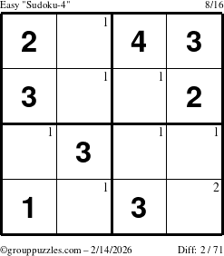 The grouppuzzles.com Easy Sudoku-4 puzzle for Saturday February 14, 2026 with the first 2 steps marked