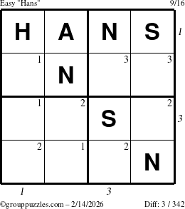 The grouppuzzles.com Easy Hans puzzle for Saturday February 14, 2026, suitable for printing, with all 3 steps marked